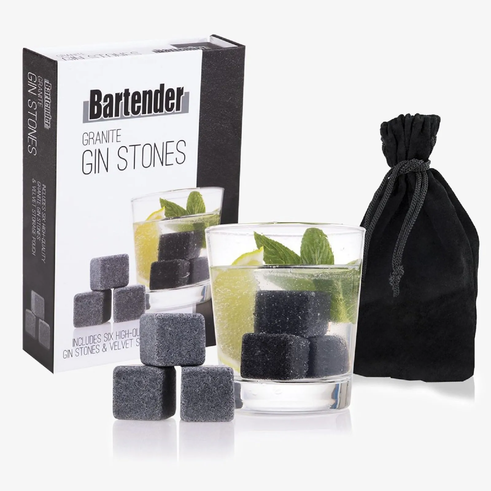 Bartender Premium Granite Gin Stones Set of 6 with Velvet Storage Pouch – Reusable & Odourless Drink Chillers