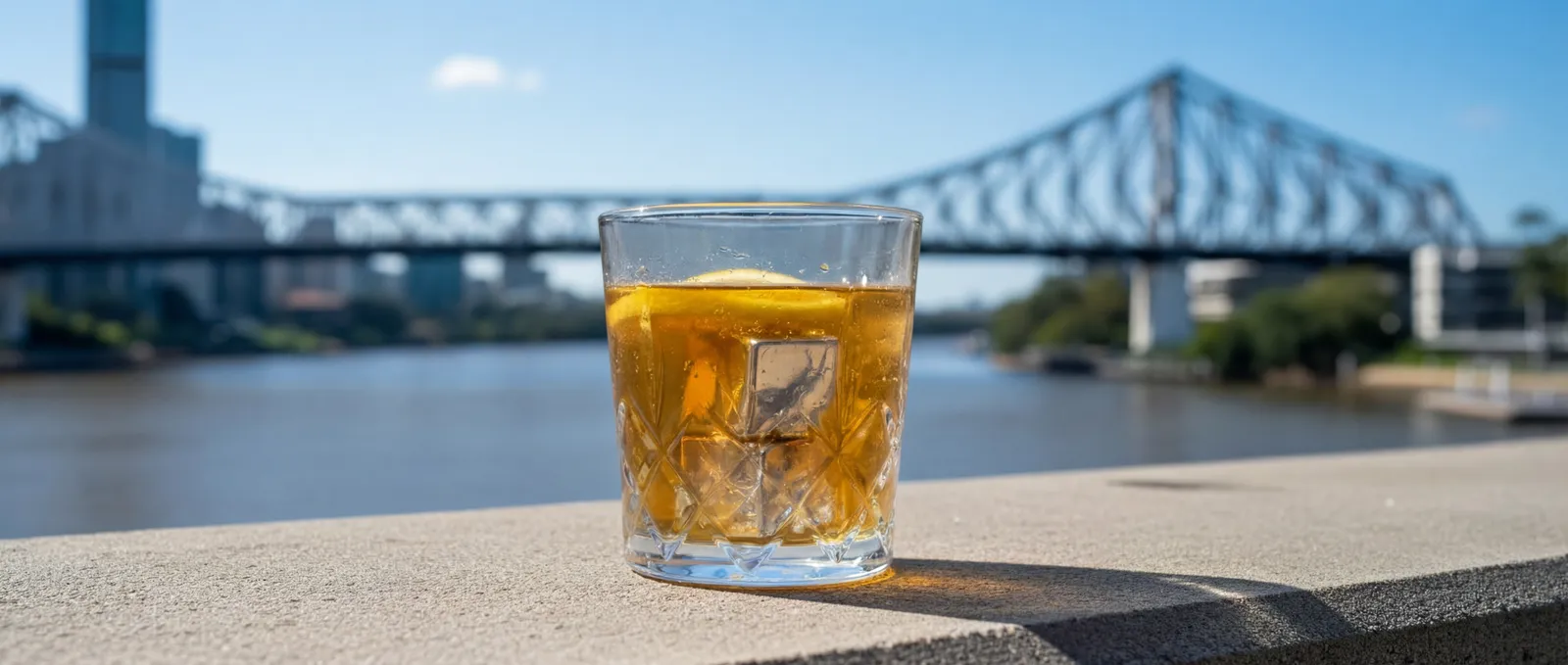 A chilled drink on a wall overlooking the Story Bridge in Brisbane