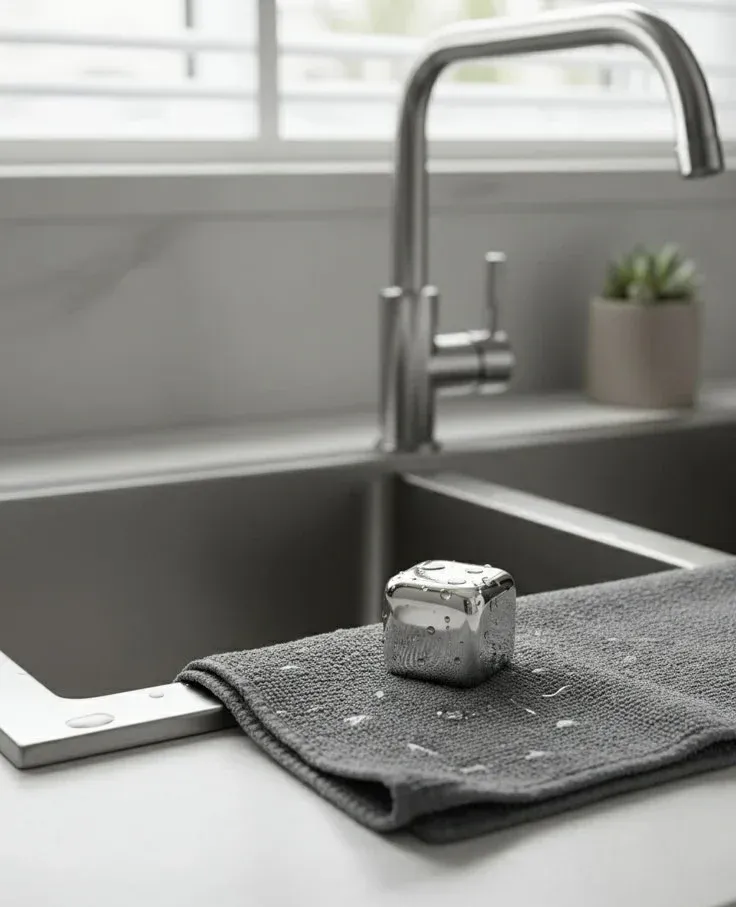 Koolcube stainless steel cubes being rinsed under a tap