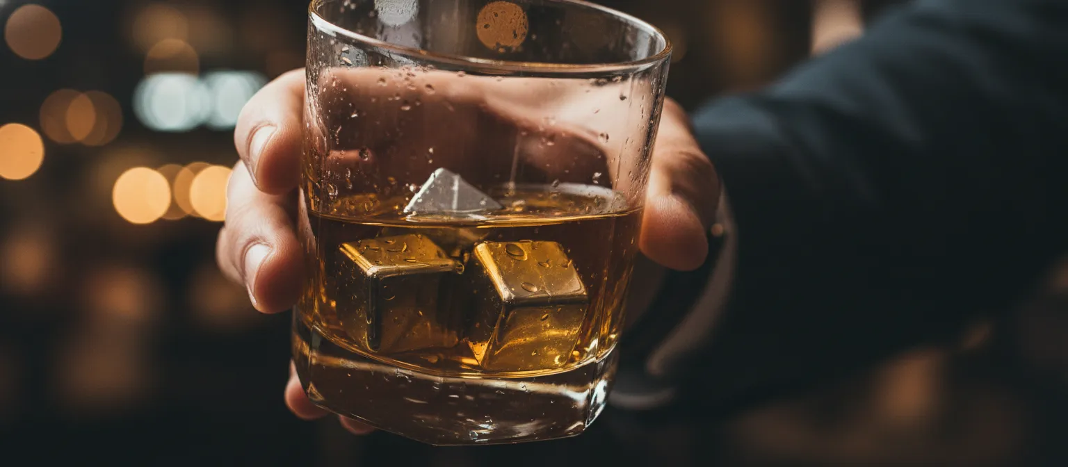 A whisky glass held up in a bar, chilled with two Koolcube stainless steel cubes