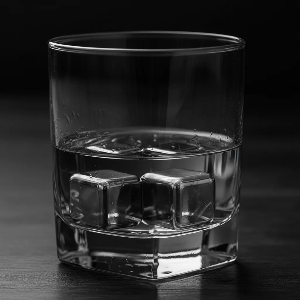 Two Koolcube stainless steel cubes resting in a chilled tumbler