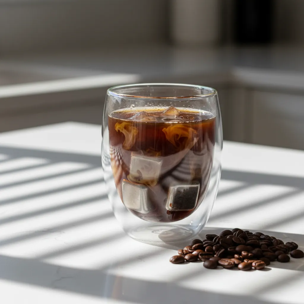 Cold brew over Koolcube steel cubes on a sunlit kitchen bench